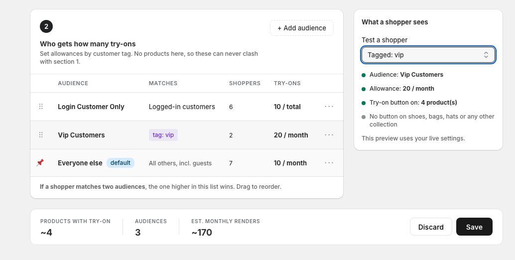Audiences list with drag handles for reordering priority