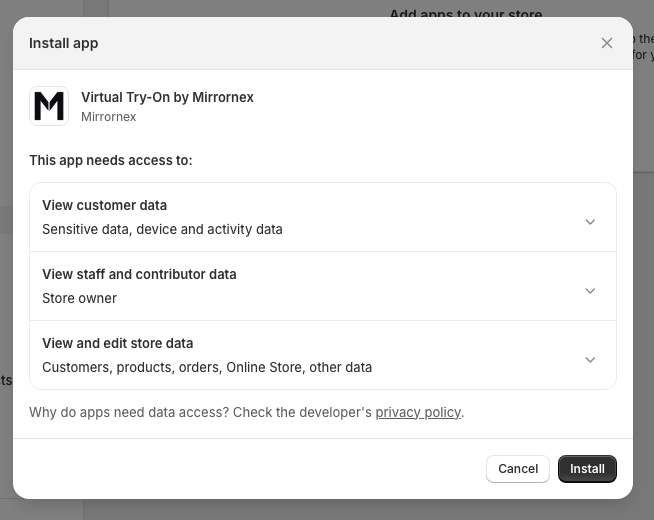 Shopify Permission Screen