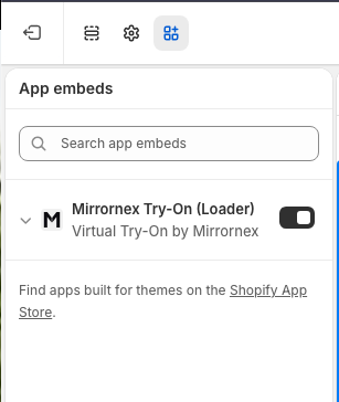 MirrorNex app embed toggle in ON position
