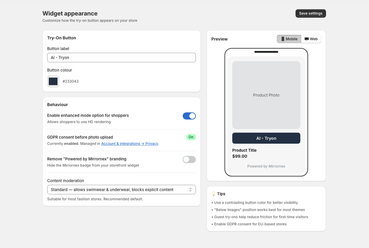 Widget appearance page with Try-On Button settings