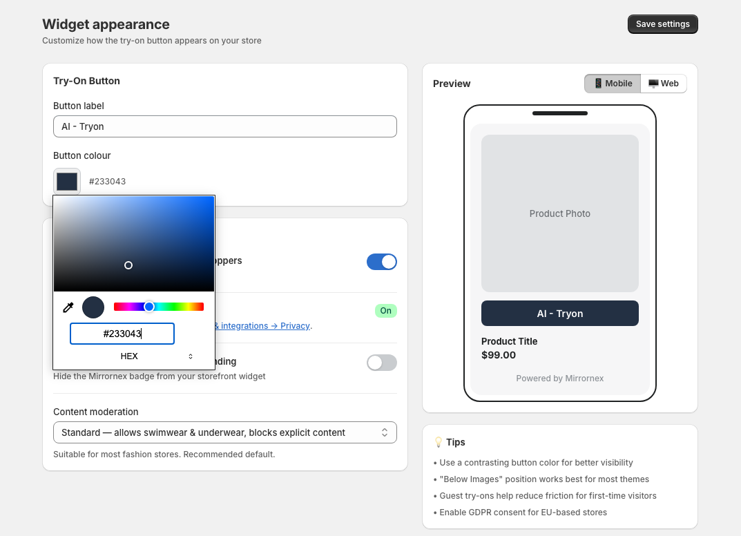 Color picker for button customization